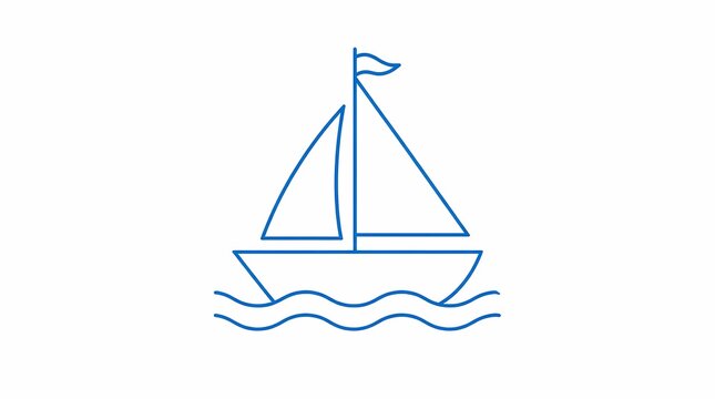 Sailboat icon sailing on calm blue water waves, a minimalist vector outline illustration for summer vacation, leisure, nautical sport, and maritime travel.