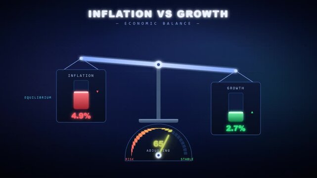 Economic balance scale animation weighing high inflation risk against low GDP growth