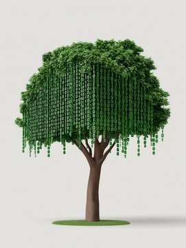 Explore a vibrant abstract tree made of flowing binary code illustrating the fusion of nature and technology in a bright setting. National Coding Week