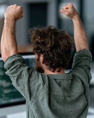 Fototapeta premium Successful software engineer celebrates completion of important project with joy in modern office setting. National Coding Week