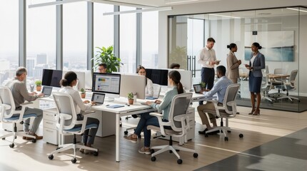 Obraz premium Modern office with diverse professionals collaborating and working at desks and in meetings, featuring large windows and natural light.