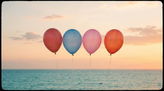 Four colorful balloons floating above ocean at sunset with red hovering over serene ocean during warm sunset red blue pink celebration relaxation peaceful with holiday