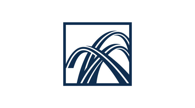 A stylized blue logo with curved lines.