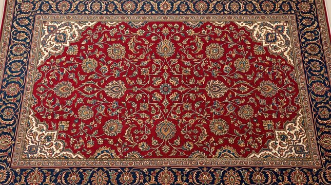 Ornate persian style rug with central medallion and floral motifs laid flat on interior floor, traditional decorative carpet textile for home decor