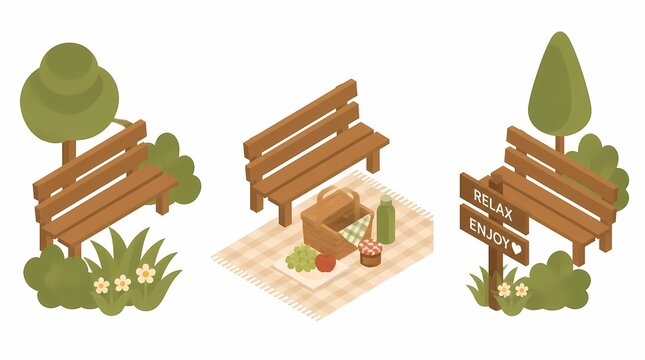 Isometric illustration of park benches, a cozy picnic setup, and a "Relax Enjoy" sign, perfect for outdoor leisure activities in a peaceful green park environment.