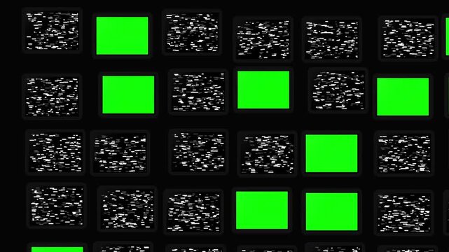 Bright neon green squares appearing within a grid of flickering static noise and grain texture patterns