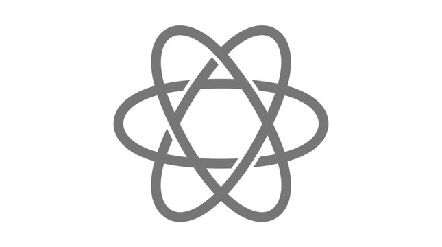 A stylized gray atom symbol illustration.