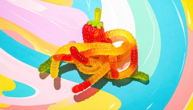 Gummy worms and strawberry candy forming a playful tangled mess