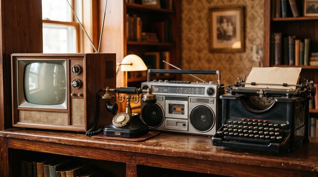 Vintage living room collection with old television telephone typewriter and boombox on wooden shelf, warm interior library setting evoking historical household technology and nostalgia