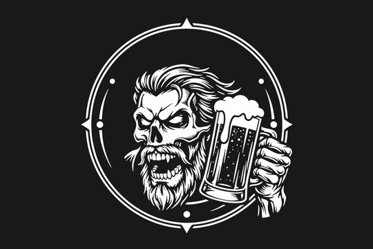 Silhouette of a Skull Human Character With a Glass of Beer Background Illustration Creative Design Template 