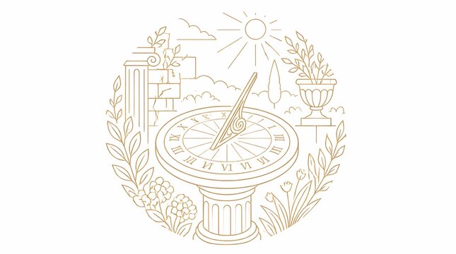 Elegant sundial with Roman numerals depicting time in a classical garden, surrounded by architectural ruins, lush foliage, and blooming flowers under the sun.