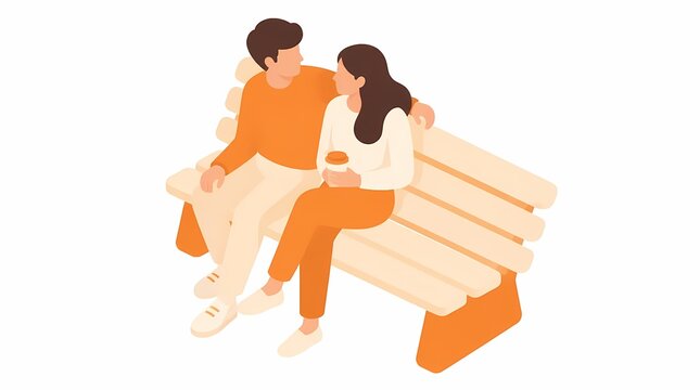 Couple sitting on a park bench, sharing an intimate conversation, holding a coffee cup, depicting romance, dating, and togetherness in a modern isometric illustration.