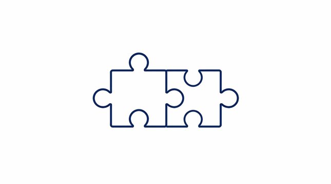 Minimalist blue outline puzzle pieces interlocking on a white background, symbolizing connection, teamwork, partnership, problem-solving, and integration concept.