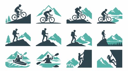Obraz premium Outdoor adventure activities vector silhouettes. Mountain biking, hiking, kayaking, rock climbing in natural mountain environments, symbolizing exploration and active lifestyle.