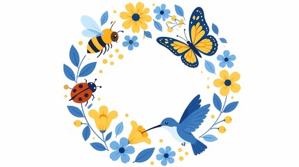 Naklejka premium Spring summer nature wreath with bee, butterfly, hummingbird, ladybug, yellow and blue flowers and leaves, forming a decorative circle.