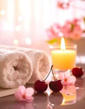 Soft Spa Towels and Red Cherries Resting Beside Glowing Candle in Serene Pink Setting