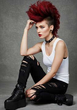 Punk Woman with Red Mohawk Hairstyle and Ripped Jeans, Alternative Fashion