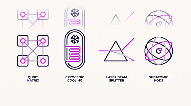 Quantum Computing Hardware and Qubit Data Processing Flat Vector Icons