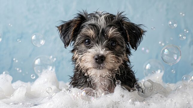 Adorable fluffy mixed breed puppy sitting in a warm bubble bath surrounded by white soap suds and floating bubbles against a soft blue background, cute pet grooming and hygiene concept portrait.