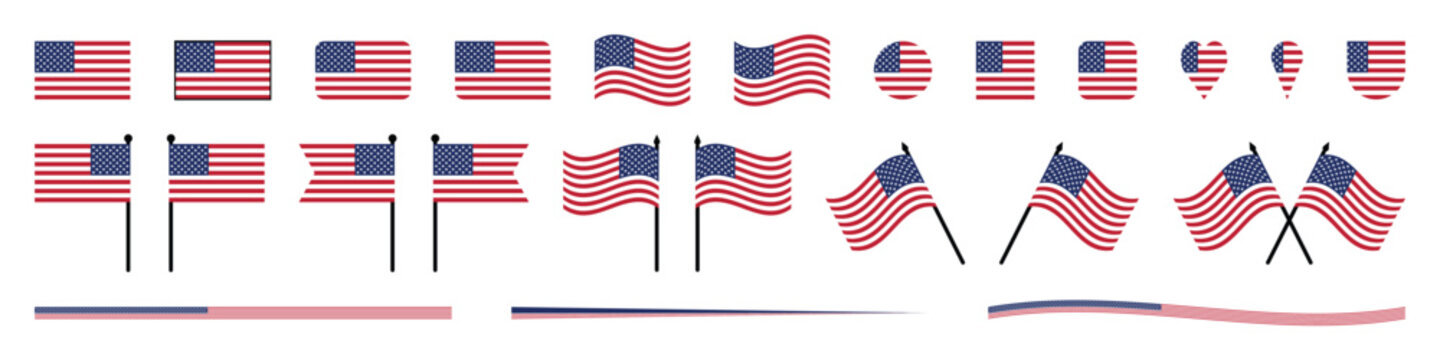 USA flag icon mega set with creative american stars and stripes geometric shapes waving flags on poles