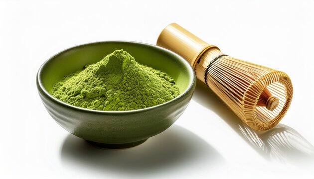 Matcha green tea powder in bowl with bamboo whisk on white background