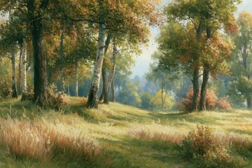Fototapeta premium Autumn birch forest glowing in soft morning light across a grassy meadow for nature travel and environmental conservation branding