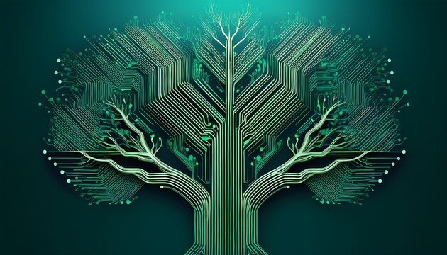 Symmetric circuit board pattern forming glowing tree silhouette
