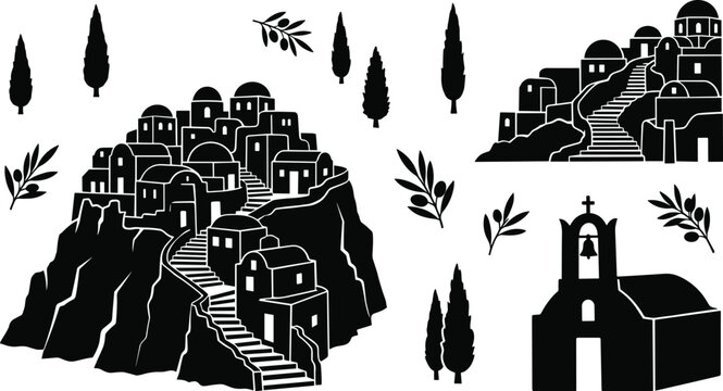 Mediterranean Greek Island Village Vector Silhouette Set with Traditional Houses Church Bell Tower Cypress Trees and Olive Branches for Travel Graphic Designs