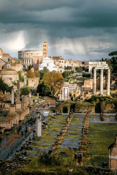 The Roman Forum under a moody sky at sunset, Rome, Italy