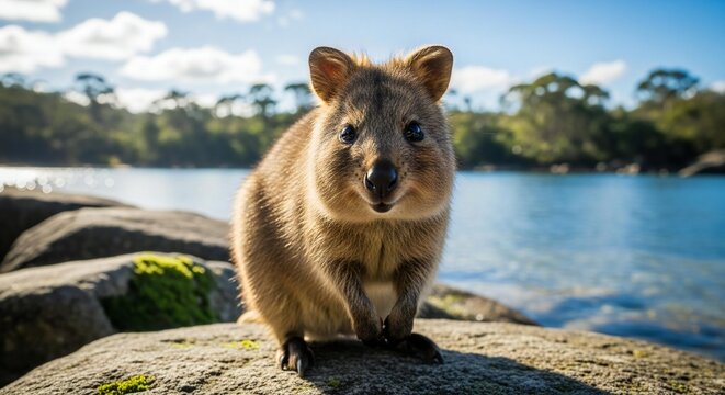 Happy Quokka Smiling on Rocky Shoreline, Blue Water and Green Trees Background