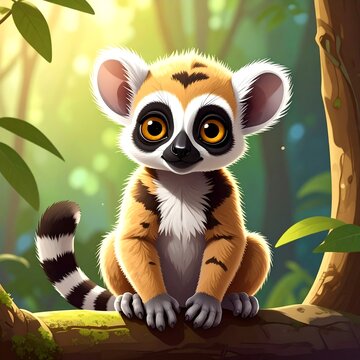 Cute Wide Eyed Lemur Sitting on Tree Branch in Sunlit Jungle Forest
