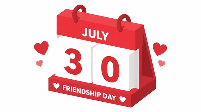 Friendship Day event on a red 3D isometric desk calendar showing July 30 with heart icons, symbolizing global friendship and connections, ideal for digital media.