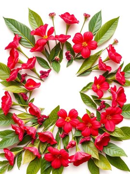 Red Floral Frame with Green Leaves on White Background