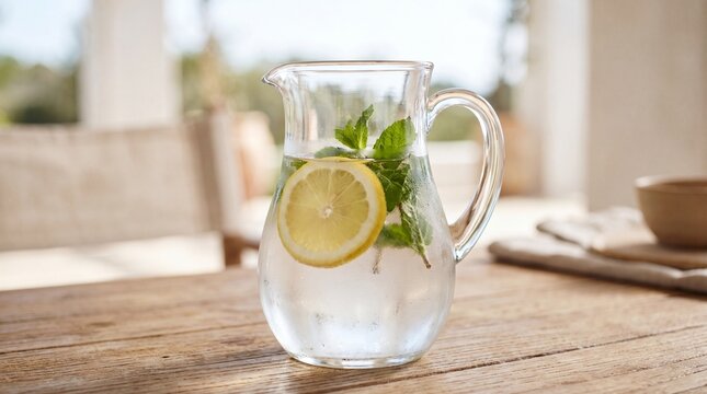 Refreshing pitcher of lemon and mint infused water on a wooden table outdoors with glass pitcher filled clear water table blurred background slices mint leaves