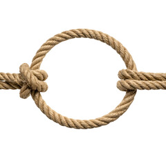 Obraz premium Circular natural rope frame with knots isolated on white background