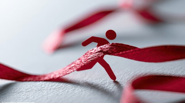 A stylized red runner crossing a finish line represented by a red ribbon. The image conveys a sense of achievement and the culmination of effort