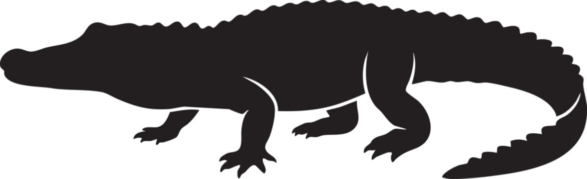 Black crocodile silhouette, reptile icon, wildlife symbol, vector graphic