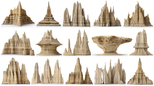 Set of isolated sand castle architectural structures with sand sculpture, architecture