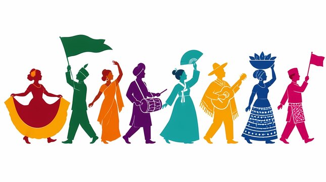 Diverse people celebrating cultural unity, parading in vibrant traditional costumes, carrying flags, instruments, representing global heritage and international diversity.