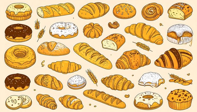 Hand Drawn Assorted Bread and Pastry Collection Arranged on Light Background