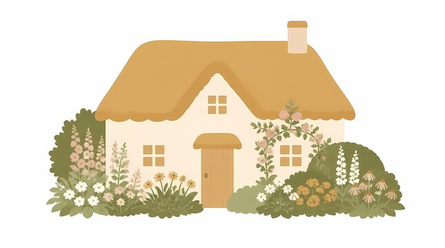 Charming rustic cottage house illustration with a cozy thatched roof, nestled amidst a vibrant blooming flower garden on a clean white background, evoking an idyllic fairytale countryside scene.