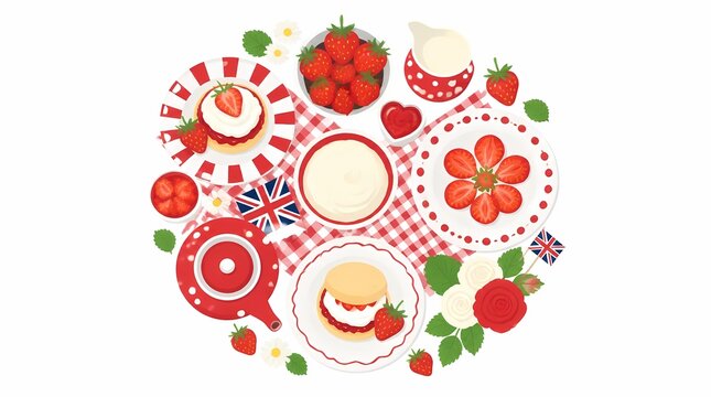 British afternoon tea flat lay illustration with fresh strawberries, clotted cream, and scones, arranged with teaware and patriotic Union Jack flags.