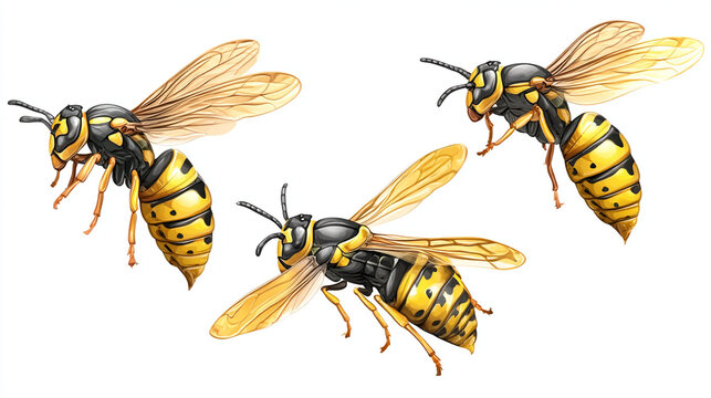 Three yellow and black wasps in flight on isolated white background with wildlife, entomology