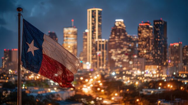 Texas flag waves in the evening as Houston skyline lights up with tall buildings and city lights