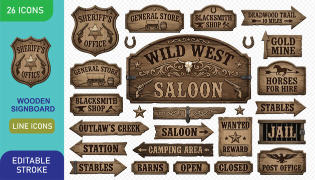Wild west wooden signboards collection with vintage saloon and sheriff office design elements