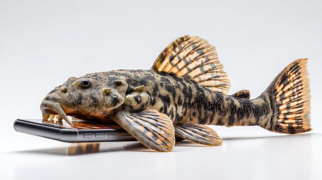 Aquatic Modernity: A freshwater pleco fish rests on a smartphone, showcasing an unusual juxtaposition of nature and technology.