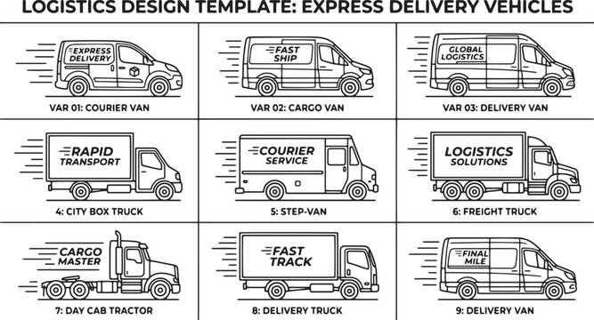 Logistics design template with 9 express delivery vehicles, line art icons of cargo vans and freight trucks, commercial transport vector set