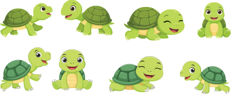 Collection of cute cartoon turtle characters in various poses and expressions