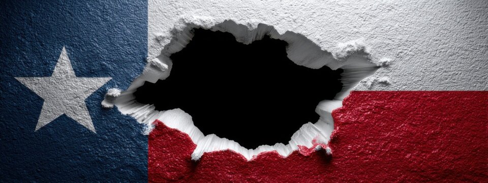 Texas flag showing through a hole in the wall with a rough texture