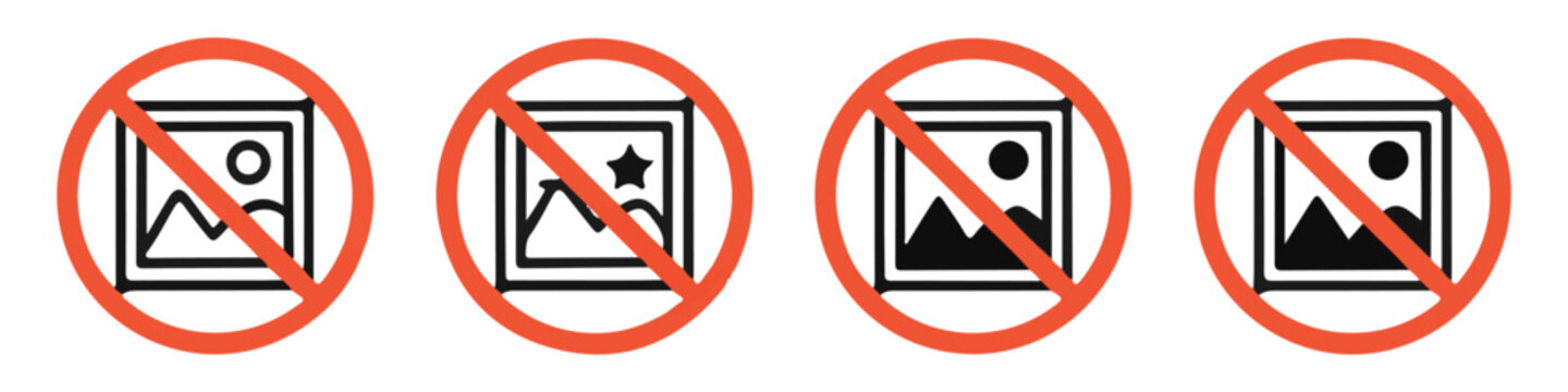 Set of prohibited image icons with landscape illustrations crossed out by red lines for web interface.